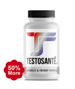 A white bottle of testosante with 50 percent off label