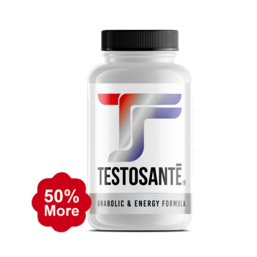 A white bottle of testosante with 50 percent off label